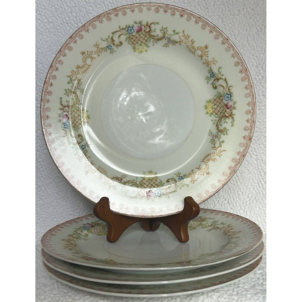 Vintage National China Set Of 4 Salad Plates Basket Of Flowers Detailed Edge GUC